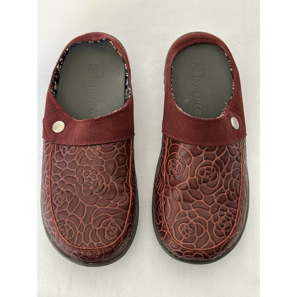 Spenco Alicia Floral Embossed Red Leather Mule Clog Slip On Shoes Womens Sz 9 - Picture 5 of 6